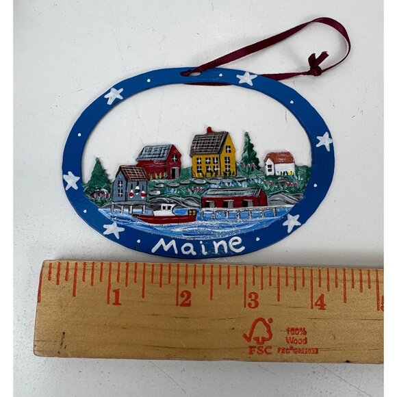 Maine Christmas Cut Metal Ornament Village Scene Handpainted Made In USA - Picture 4 of 5